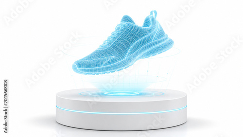 A running shoe is shown as a 3D hologram. It floats above a round base that has a light ring. The design has a grid pattern and emits a soft glow. The presentation highlights its features.