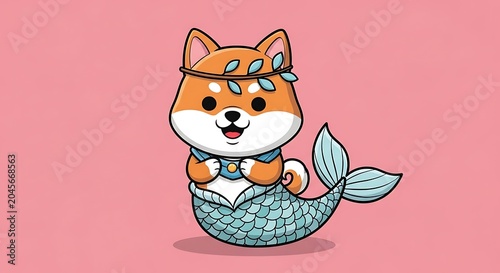 Cute cartoon dog mermaid fantasy creature.
