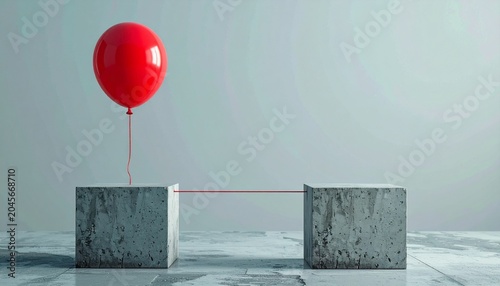 A red balloon connected by a string to two concrete blocks, symbolizing connection and communication