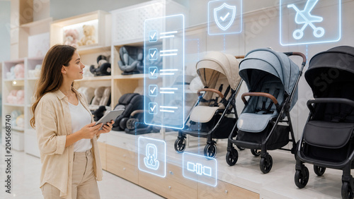 A woman stands in a store looking at different strollers on display. She holds a smartphone and examines options. Digital icons appear beside the strollers showing features and details.