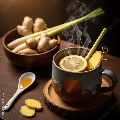 Steaming ginger tea with lemon slices.