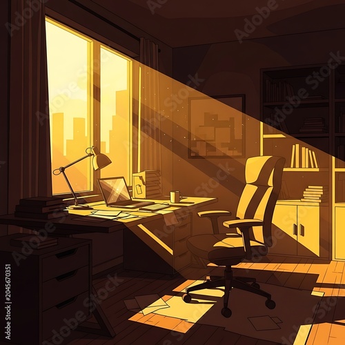 Modern office interior with desk chair.