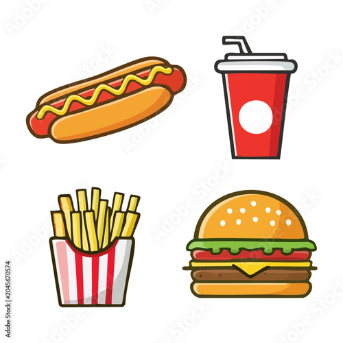 Flat design icons of fast food items on white background