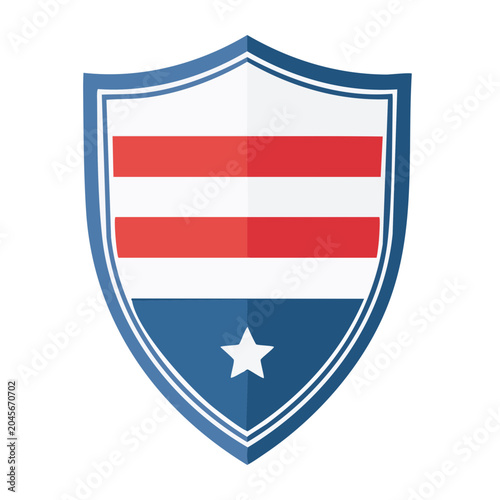 Flat design shield with red, white, and blue stripes and a star