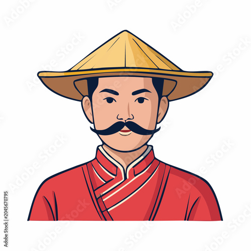 Man in Traditional Asian Hat and Red Robe