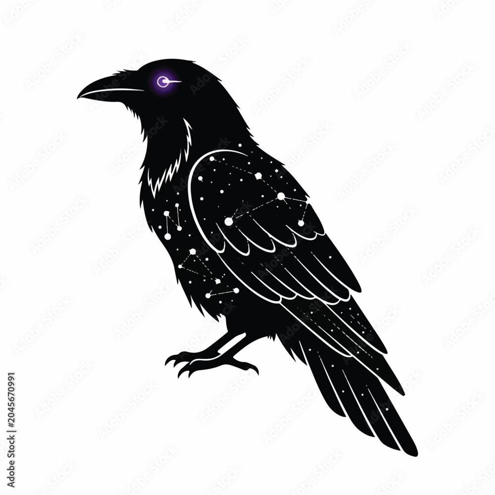 Fototapeta premium A mystical raven perches on a branch surrounded by stars at night.