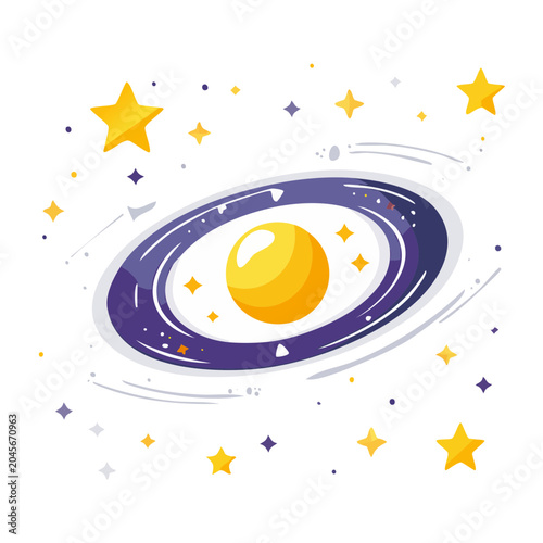 Stylized galaxy with stars and a central planet