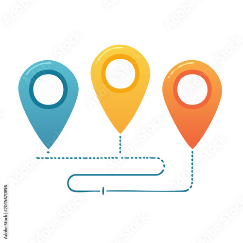 Three colorful location pins connected by a route line