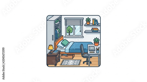 Canvas-taulu Cozy bedroom interior with bed desk and wardrobe illustration.