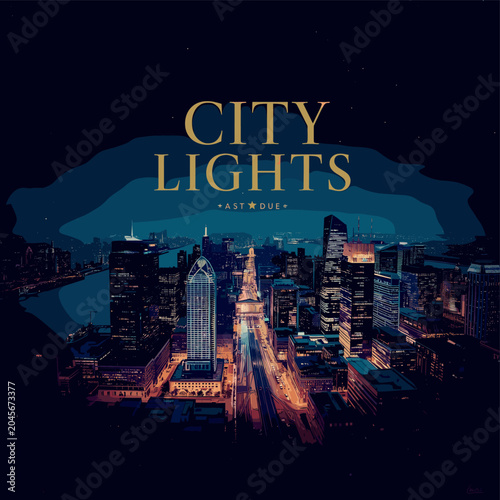 Φωτογραφία A breathtaking aerial view of a sprawling city at night, illuminated by countless glowing lights, with a river winding through the urban landscape
