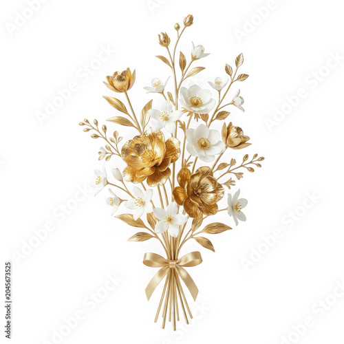 Elegant bouquet of metallic gold and white decorative flowers with silk isolated on transparent background