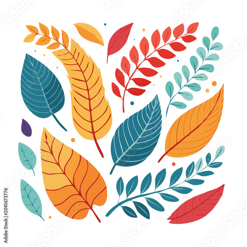 Colorful flat design leaves scattered on white background