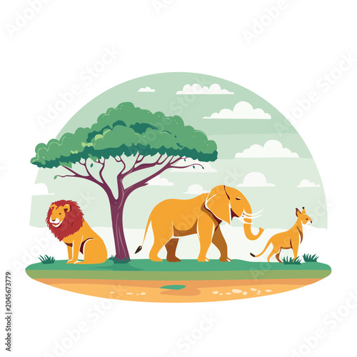 African animals in savanna landscape illustration