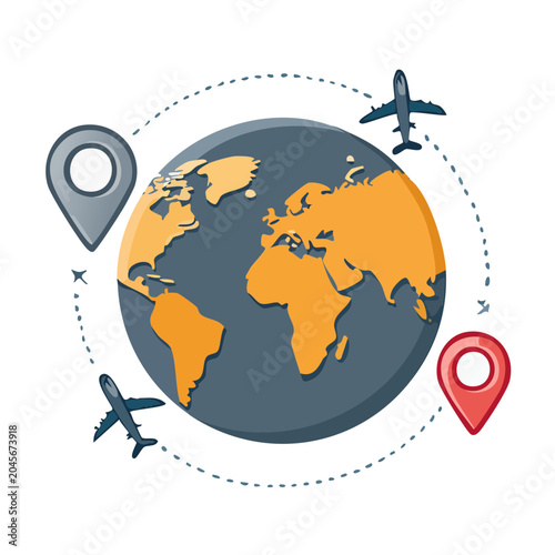 Globe with Airplanes and Location Pins Illustrating Travel