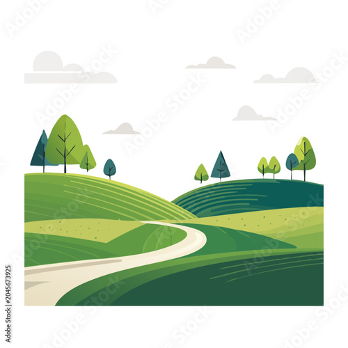 Flat design illustration of rolling green hills with trees and a road