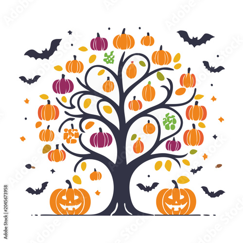 Halloween tree with pumpkins and bats