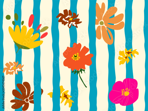 Canvastavla Seamless vintage style vector illustration depicting spring floral patterns, blooming summer flowers, green leaves, and colorful blossoms