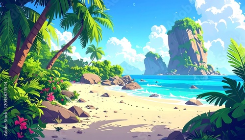 Vibrant tropical paradise with palm trees, sandy beach, azure sea, and towering rock formations under a clear blue sky