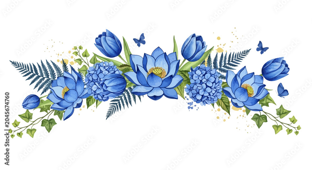 Fototapeta premium Watercolor floral arrangement of blue flowers and green leaves on white