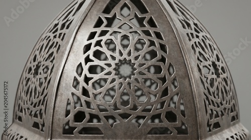 Intricate geometric metal lattice archway in monochrome architectural detail with symmetrical patterns