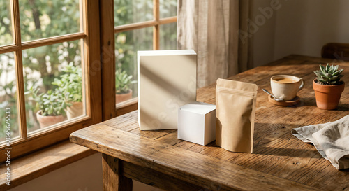 Coffee cups and snacks arranged on a wooden table by a sunny window indoors