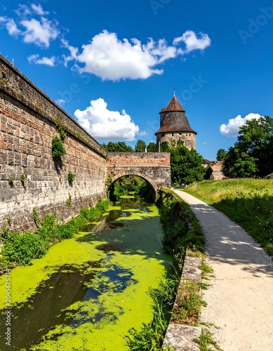 A sunny daytime scene with a historic stone wall, bridge and turret alongside a green waterway. A path winds