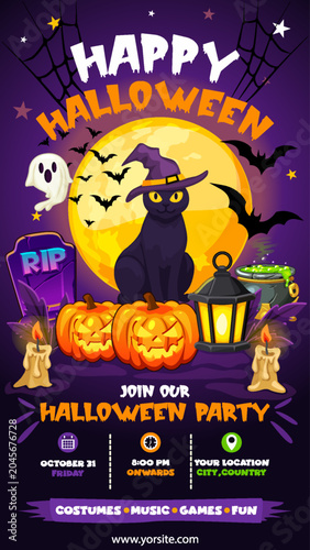 Halloween Party Flyer Template with Black Cat Pumpkin Moon and Spooky Decorations