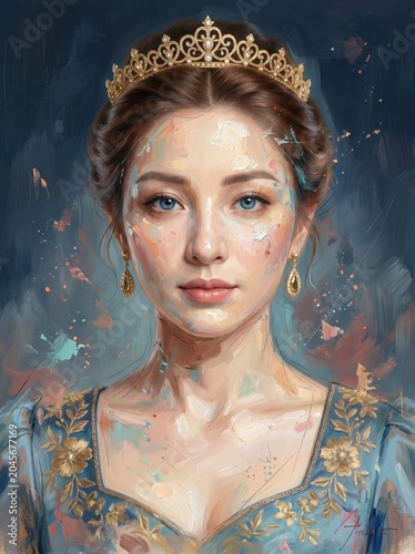 This stunning impressionist oil painting features a beautiful young queen wearing a golden tiara and an elegant blue dress against a soft, pastel-textured, abstract background

