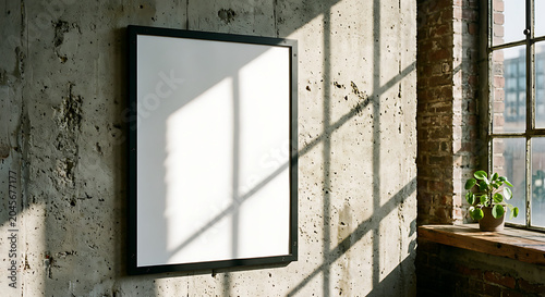 A framed blank poster hangs on a concrete wall beside a window with a potted plant on the sill in a modern room.