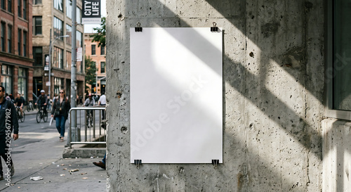 A blank white poster hangs on a concrete wall beside a bustling city street with people walking by.