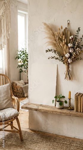 A serene living room interior with a chair, shelf, and decorative plants on the wall.