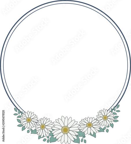 Photos Circular floral frame with gerbera flowers and leaves, navy double line border