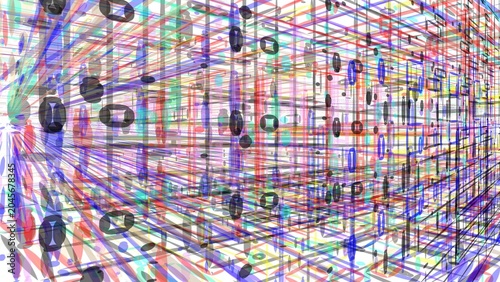 Abstract digital art depicting a complex network of interconnected lines and geometric shapes in vibrant, multi-colored hues, suggesting data flow and digital pathways