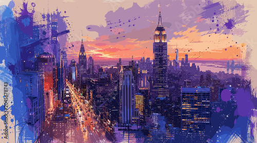 Vibrant watercolor splash painting of the New York City skyline at sunset, featuring the Empire State Building and illuminated streets.