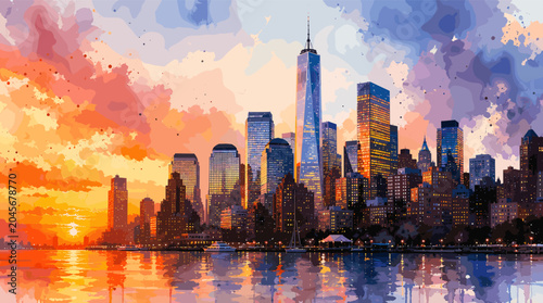 Bild auf Leinwand Vibrant watercolor painting of the New York City skyline at sunset, with the One World Trade Center prominently featured