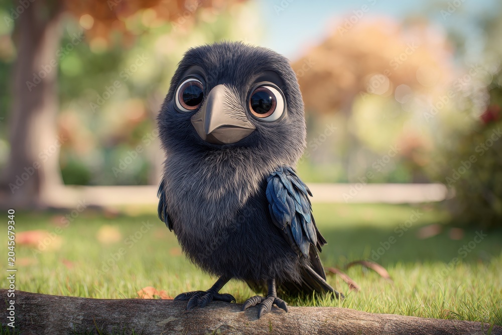 Obraz premium Adorable 3D cartoon raven mascot in a sunlit park with glossy feathers and a friendly smile