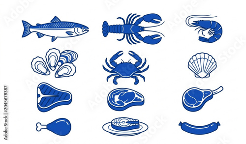 Foto Seafood and Meat Blue Icon Set Vector Flat Illustration