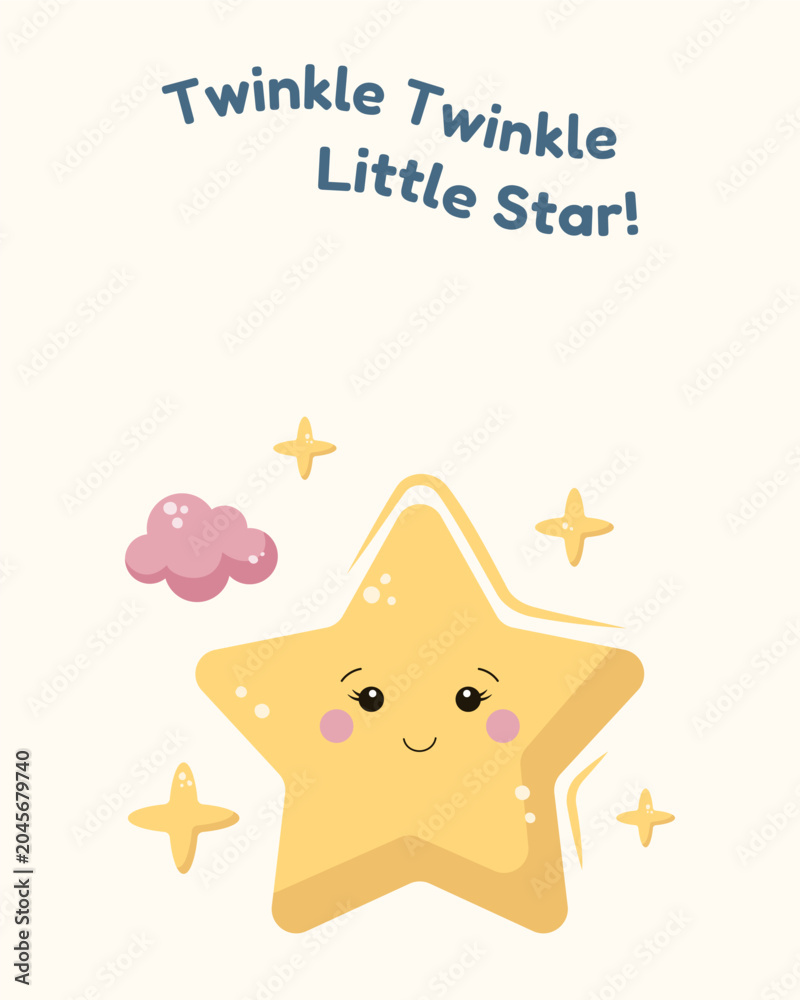 Fototapeta premium Cute poster for kids room with cartoon star and cloud. Collection of children's wall art in pastel colors with motivational quotes for kids room decor. Vector illustration in kawaii style.