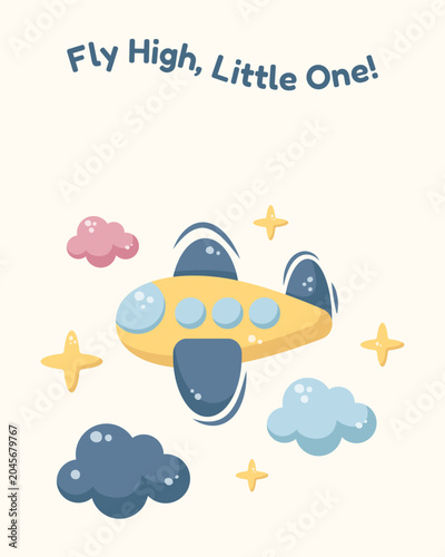 Cute nursery poster with cartoon toy airplane in the sky. Collection of children's wall art in pastel colors with motivational quotes for kids room decor. Vector illustration in kawaii style
