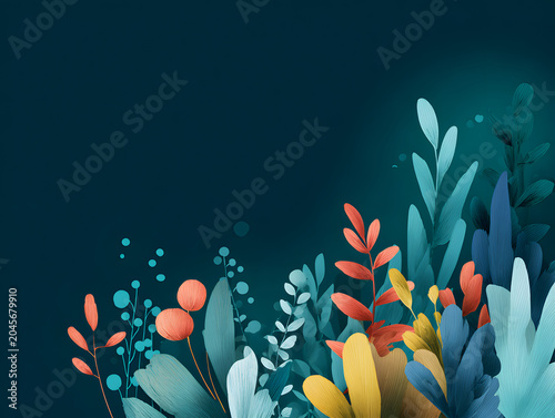 Colorful botanical illustration featuring various leaves and flowers in shades of blue, green, orange, and yellow against a dark teal background