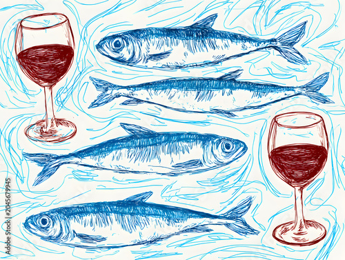 Illustration of blue fish swimming alongside glasses of red wine on a textured background, showcasing a playful culinary theme with vibrant colors and fluid lines