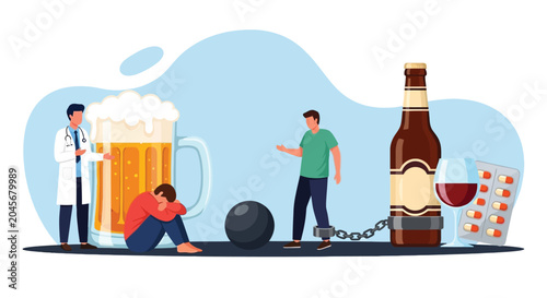 Canvastavla Alcohol addiction concept doctor comforting patient near giant beer mug chains and pills symbolizing dependence and recovery struggles with support from medical help