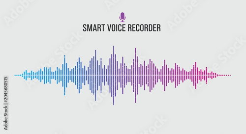Tableau sur toile Digital smart voice recorder concept with sound waves audio spectrum visualization isolated on light grey background for audio editing or podcasting software