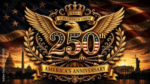 A celebration of America's 250th anniversary featuring iconic symbols like the eagle, flags, and monuments.