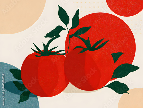 Illustration of two ripe red tomatoes with green leaves against a light background featuring abstract shapes in various colors and textures