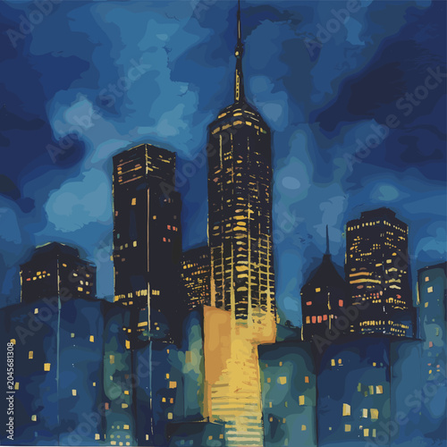 A dramatic nighttime cityscape featuring illuminated skyscrapers against a deep blue, cloudy sky.
