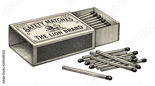 Konstfotografi A black and white illustration of a vintage matchbox with safety matches and a few loose matches on a plain white background