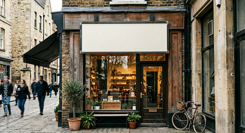 People walk past a storefront with a bicycle and plants on a city street.