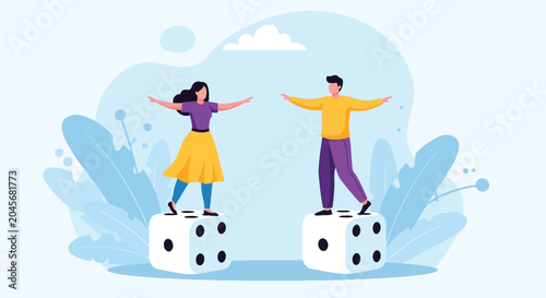 Schilderij op canvas Woman and man balancing on large dice represents concept of risk, decision-making, and unpredictability in life or business ventures
