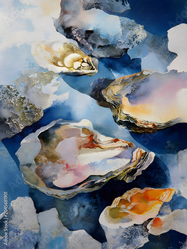 Watercolor illustration of various oysters on a blue background, showcasing intricate textures and colors, emphasizing the natural beauty of marine life